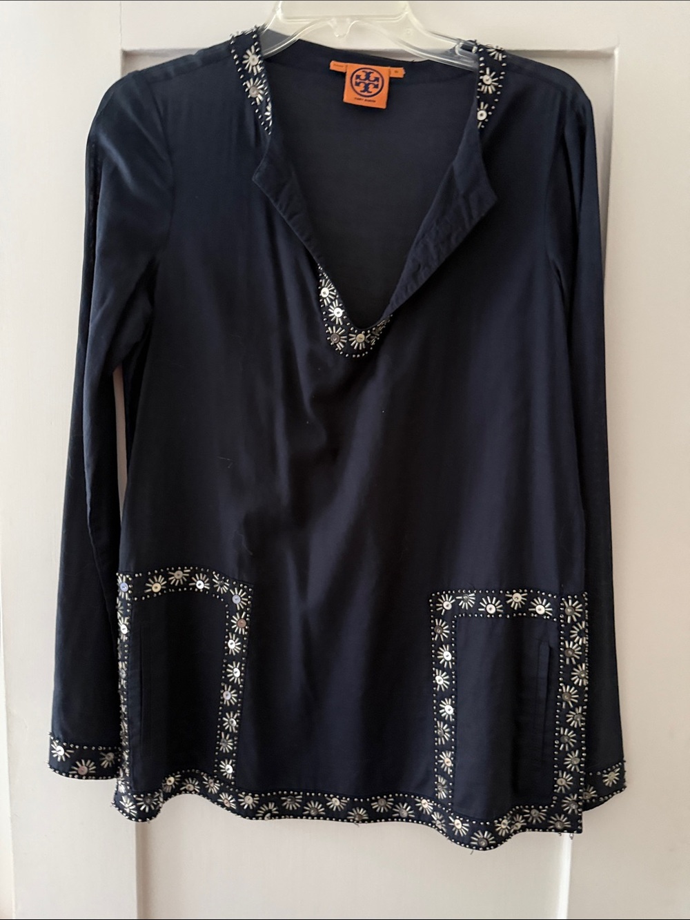 Tory Burch Navy Long-Sleeve Tunic with Daisy Trim
